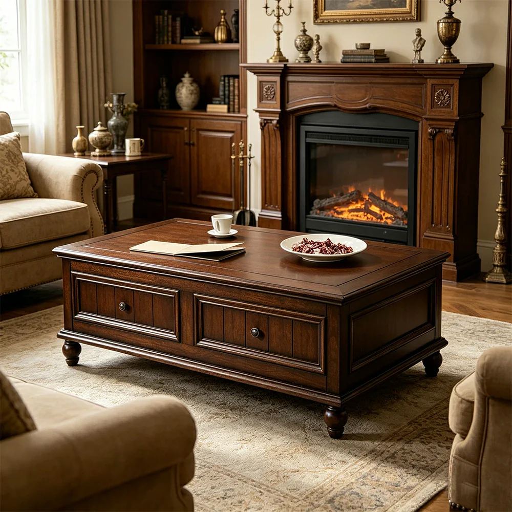LUXORA 120/130/140cm Solid Wood Coffee Table with Drawers American Style Living Room Center Table - Walnut - Image 6