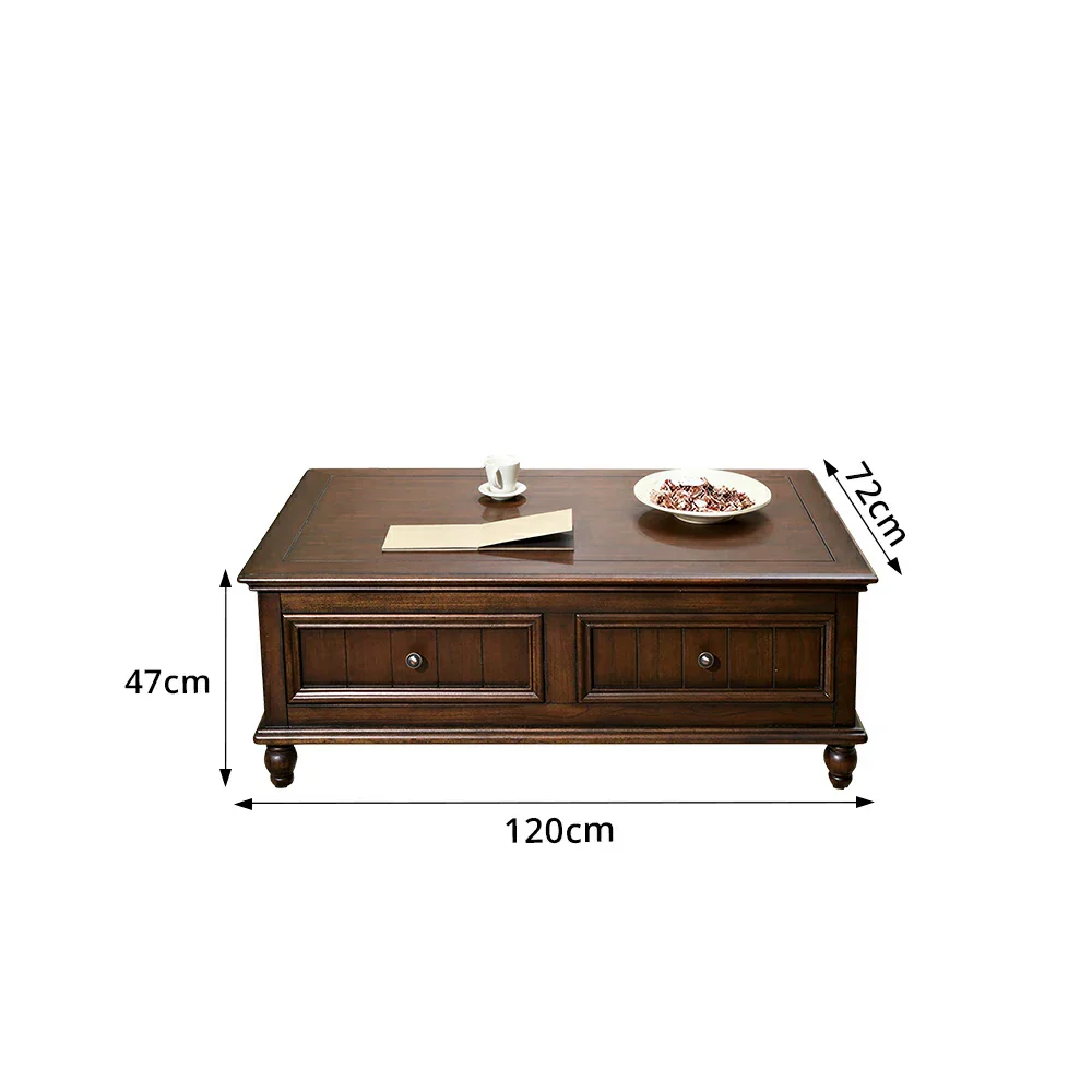 LUXORA 120/130/140cm Solid Wood Coffee Table with Drawers American Style Living Room Center Table - Walnut - Image 8