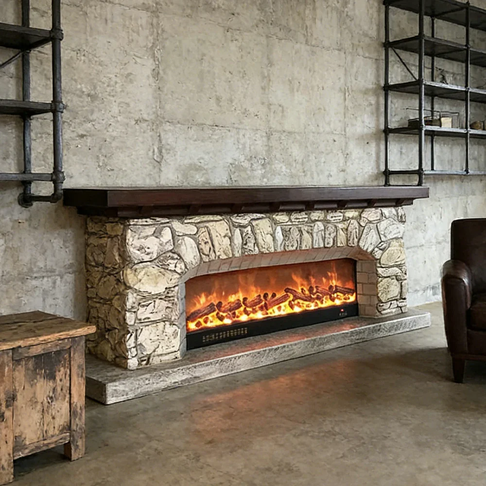 LUXORA 200cm Electric Fireplace TV Stand Stone Look Mantel 750W-1500W Heater Solid Wood Frame HDF Panels Living Room Centrepiece - Image 4