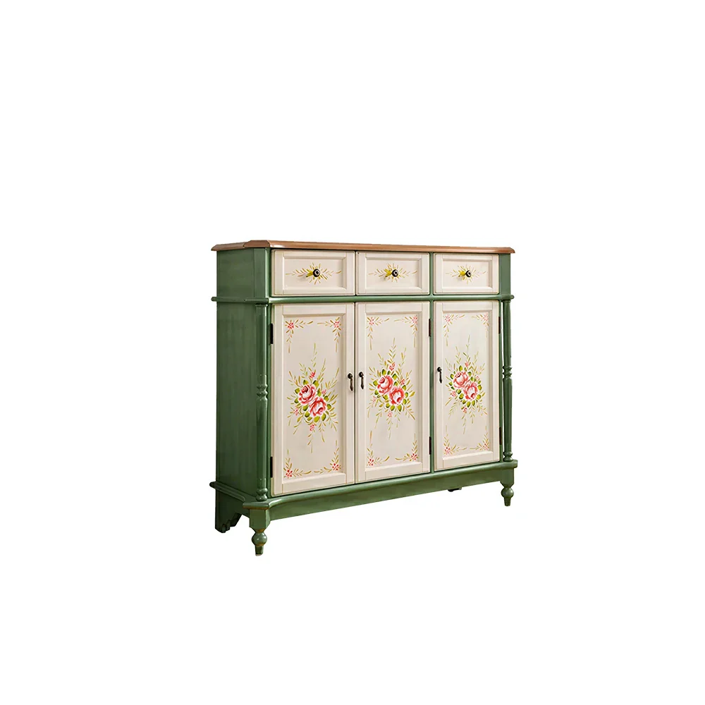 LUXORA Solid Wood 3 Door Shoe Cabinet with Hand Painted Storage American Entryway Cabinet 120cm - Green & White