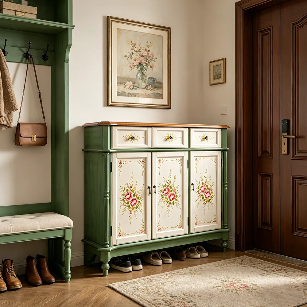 LUXORA Solid Wood 3 Door Shoe Cabinet with Hand Painted Storage American Entryway Cabinet 120cm - Green & White - Image 2