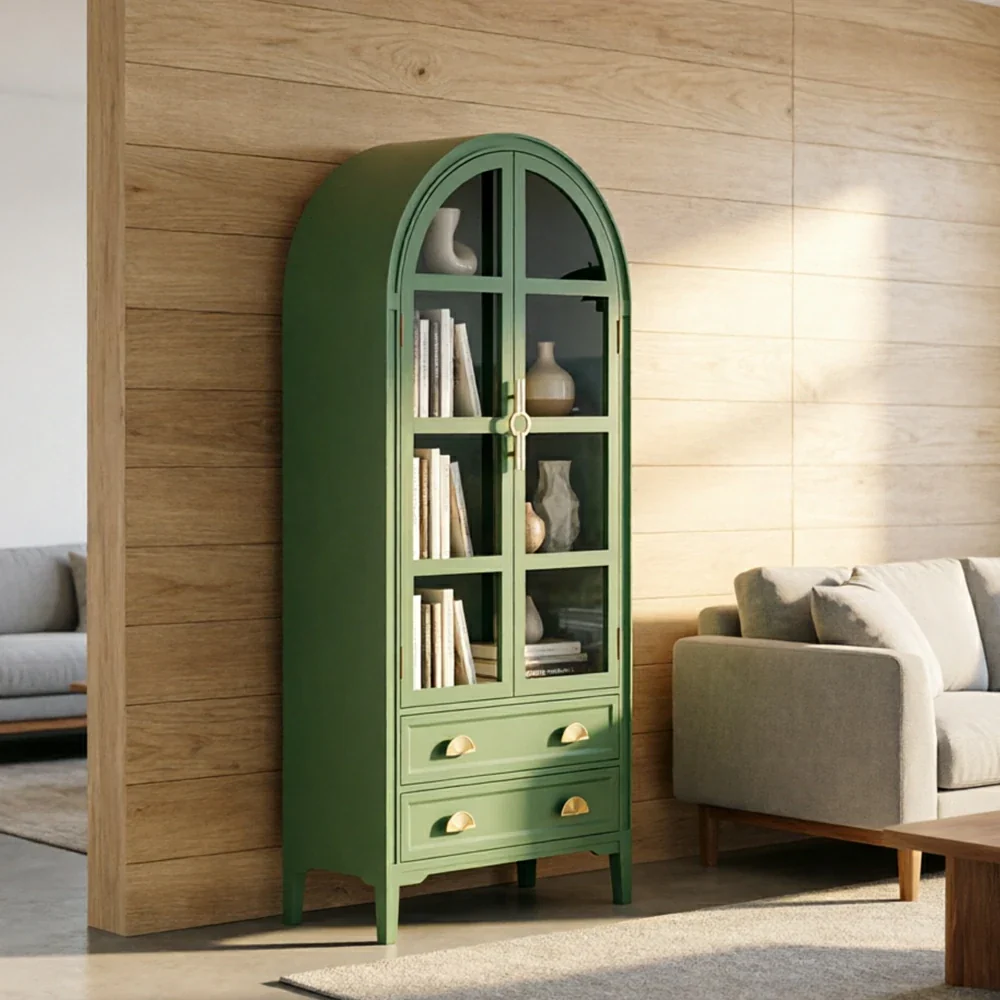 LUXORA Solid Wood Arched Bookcase with Glass Display Doors American Style Storage Cabinet 175cm - Green - Image 4