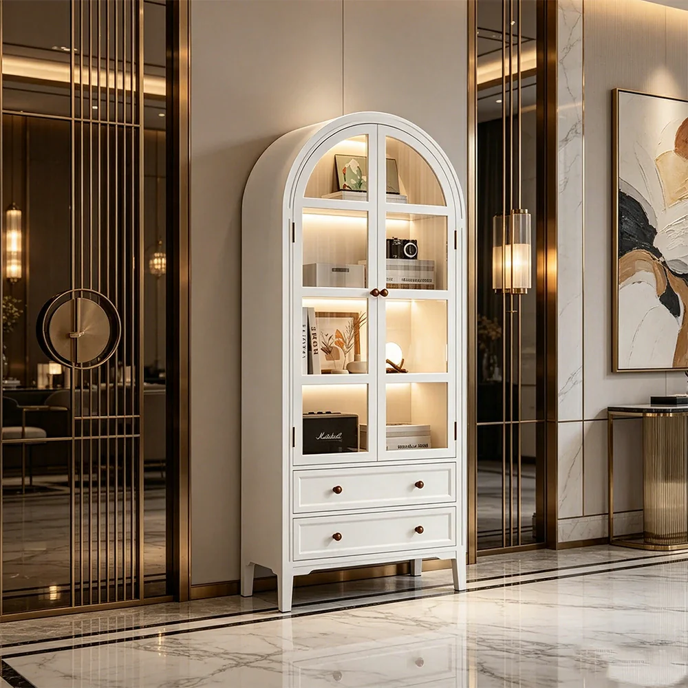 LUXORA Solid Wood Arched Bookcase with Glass Display Doors American Style Storage Cabinet 175cm - White - Image 2