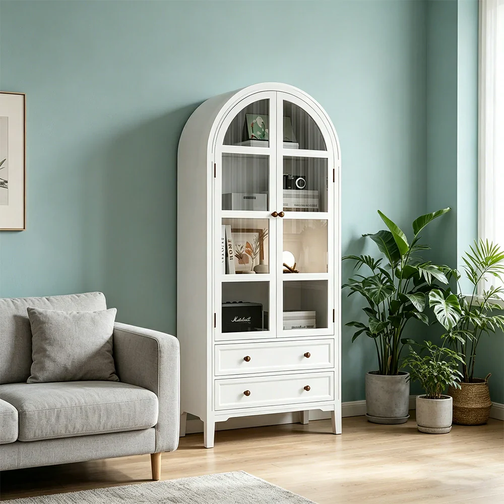 LUXORA Solid Wood Arched Bookcase with Glass Display Doors American Style Storage Cabinet 175cm - White - Image 6