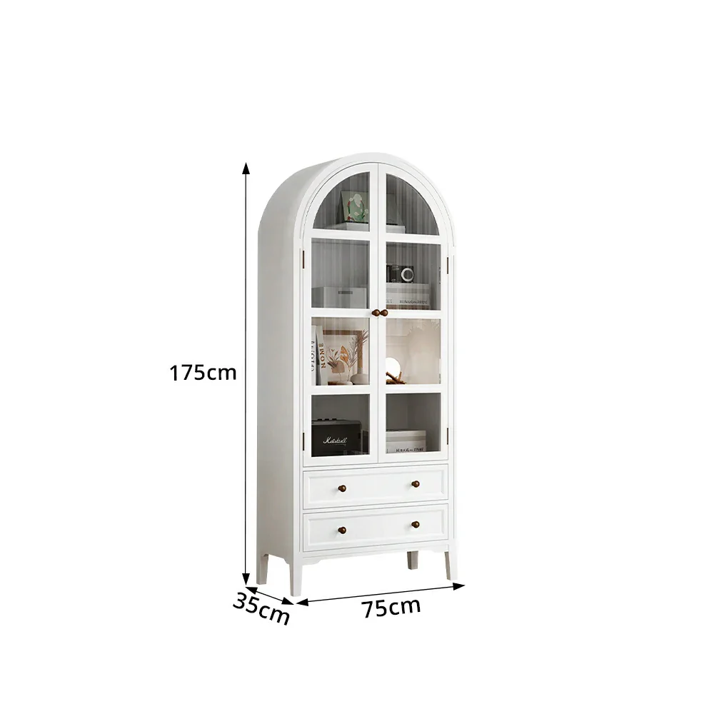 LUXORA Solid Wood Arched Bookcase with Glass Display Doors American Style Storage Cabinet 175cm - White - Image 8