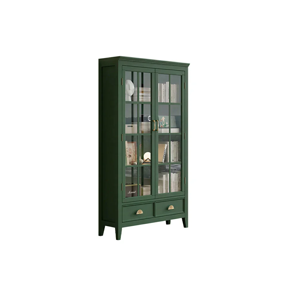 LUXORA Solid Wood 2 Door Display Cabinet with Glass Storage American Style Bookcase 100cm - Dark Green
