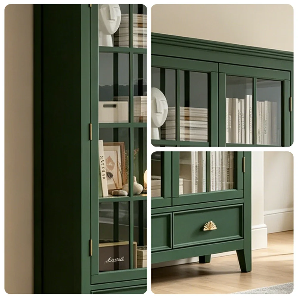 LUXORA Solid Wood 2 Door Display Cabinet with Glass Storage American Style Bookcase 100cm - Dark Green - Image 3