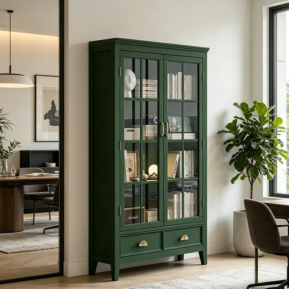 LUXORA Solid Wood 2 Door Display Cabinet with Glass Storage American Style Bookcase 100cm - Dark Green - Image 4