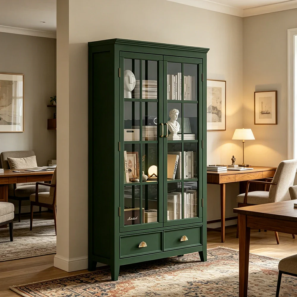 LUXORA Solid Wood 2 Door Display Cabinet with Glass Storage American Style Bookcase 100cm - Dark Green - Image 5