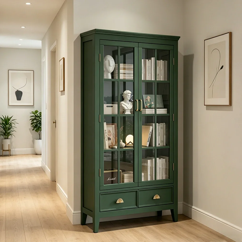 LUXORA Solid Wood 2 Door Display Cabinet with Glass Storage American Style Bookcase 100cm - Dark Green - Image 6