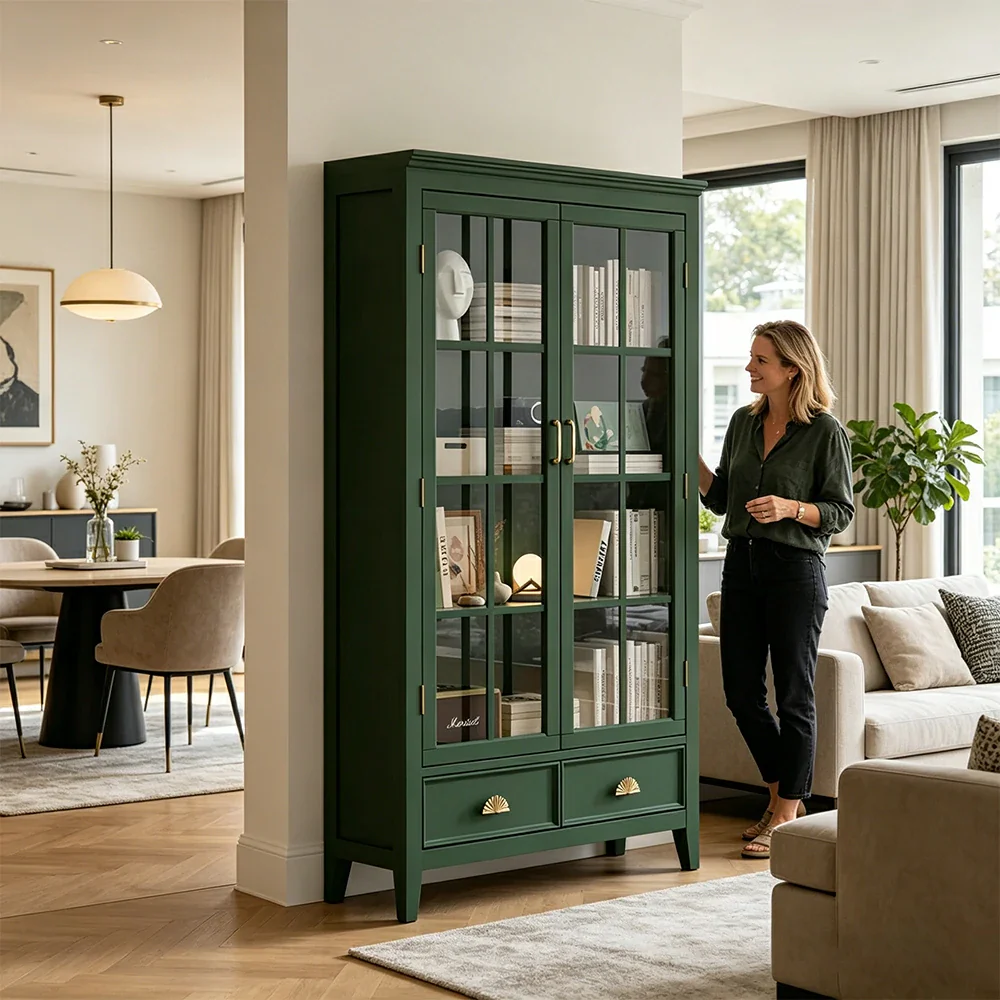 LUXORA Solid Wood 2 Door Display Cabinet with Glass Storage American Style Bookcase 100cm - Dark Green - Image 7