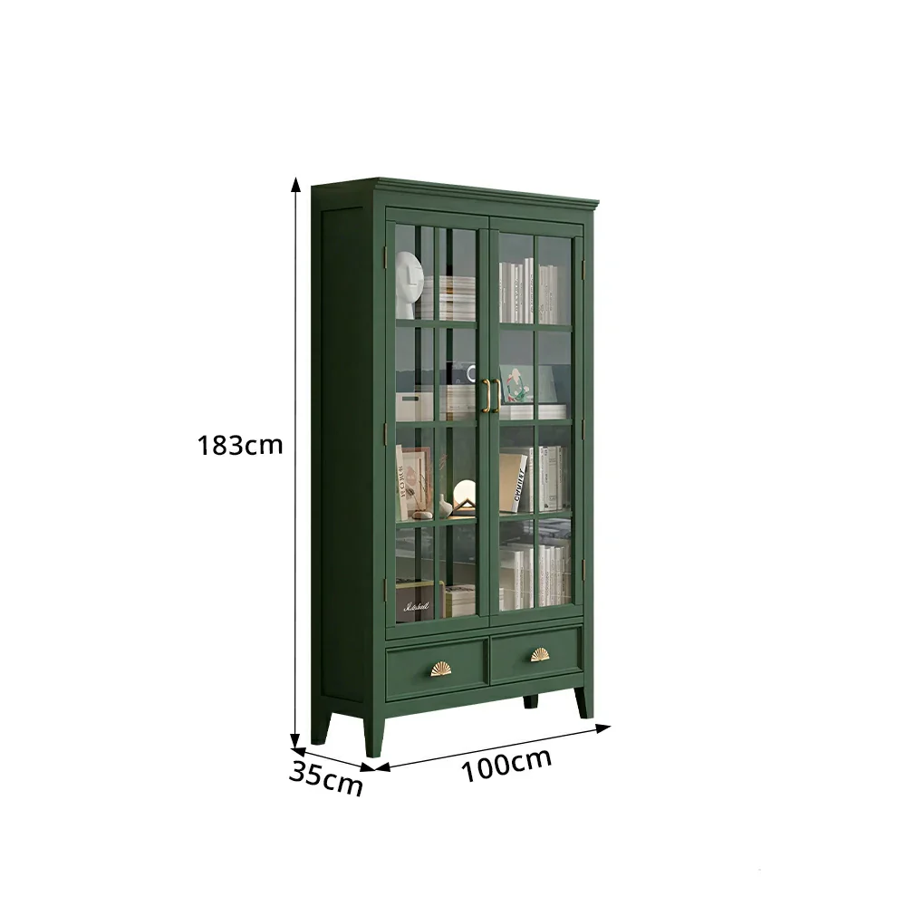 LUXORA Solid Wood 2 Door Display Cabinet with Glass Storage American Style Bookcase 100cm - Dark Green - Image 8