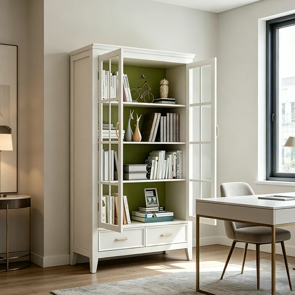 LUXORA Solid Wood 2 Door Display Cabinet with Glass Storage American Style Bookcase 100cm - White - Image 4
