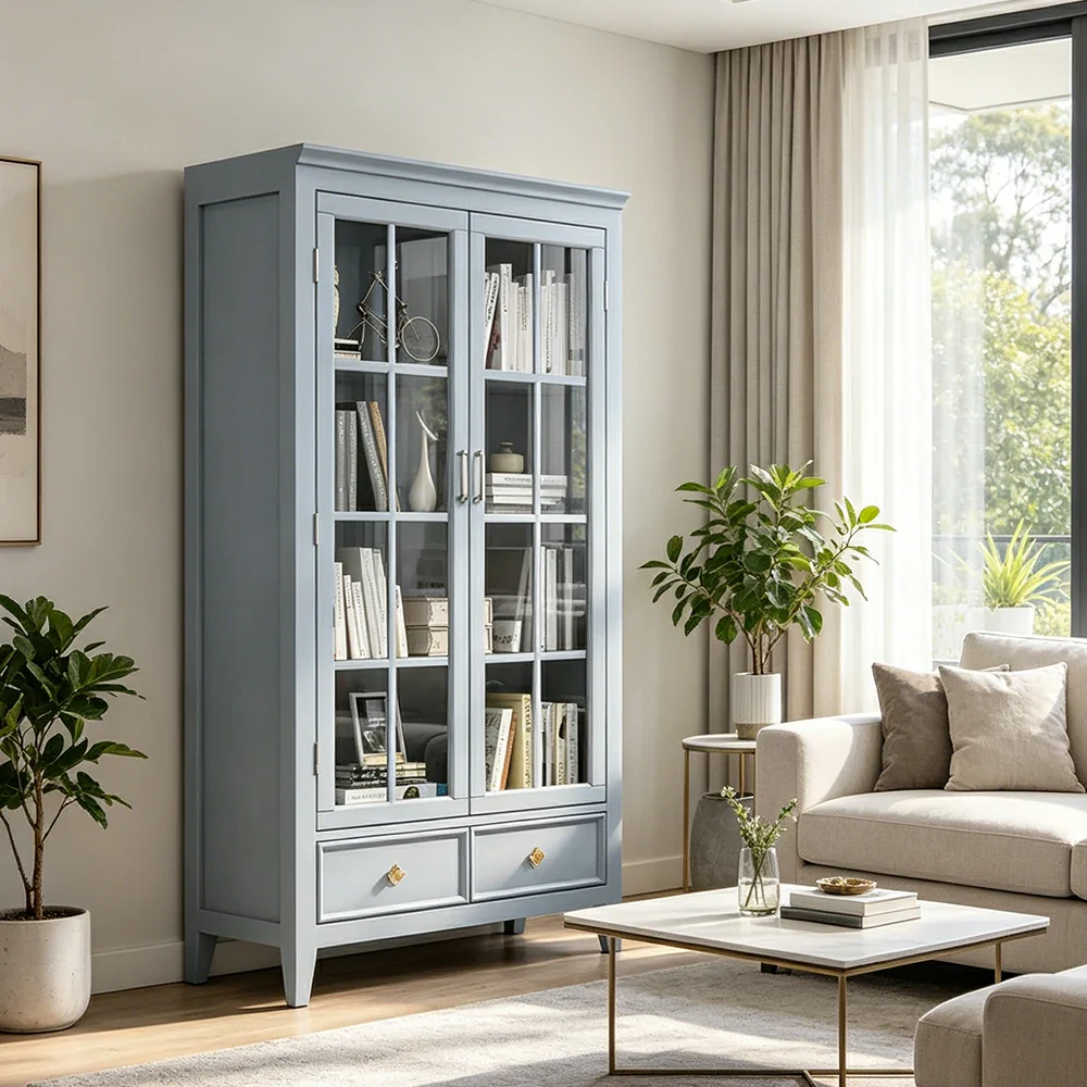 LUXORA Solid Wood 2 Door Display Cabinet with Glass Storage American Style Bookcase 100cm - Blue - Image 4