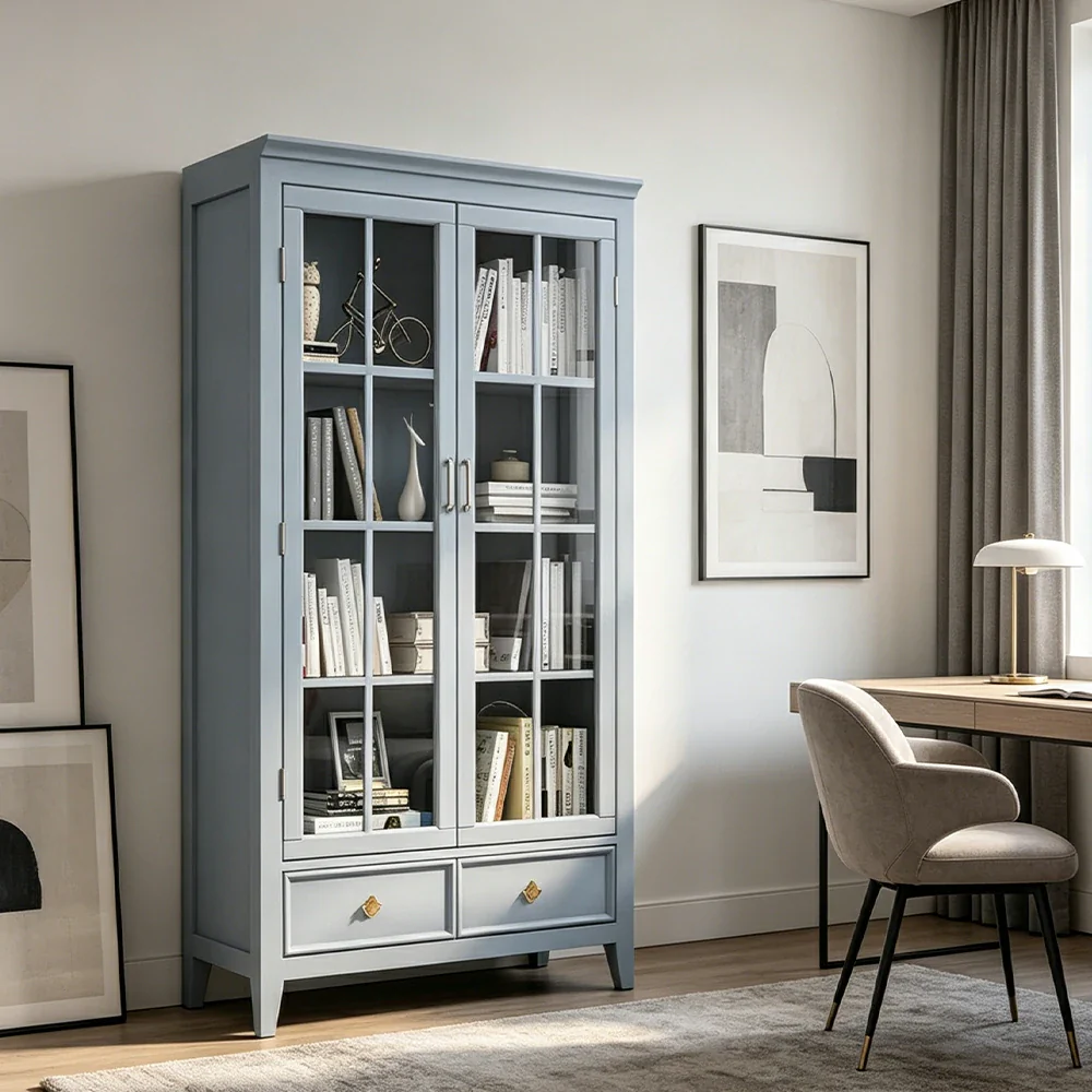 LUXORA Solid Wood 2 Door Display Cabinet with Glass Storage American Style Bookcase 100cm - Blue - Image 5