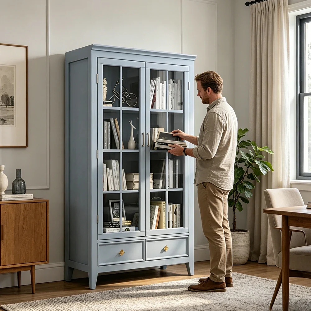LUXORA Solid Wood 2 Door Display Cabinet with Glass Storage American Style Bookcase 100cm - Blue - Image 7