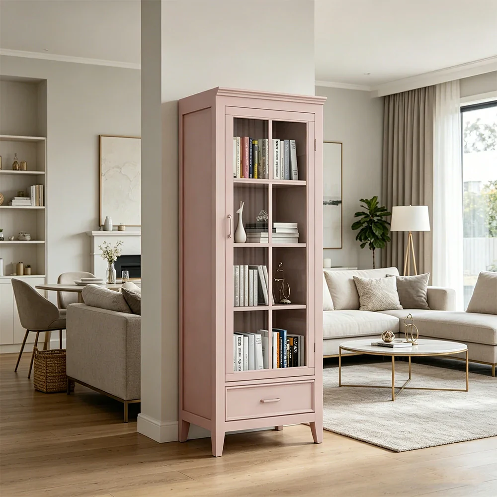 LUXORA Solid Wood Single Door Display Cabinet with Glass Storage American Style Bookcase 60cm - Pink - Image 4