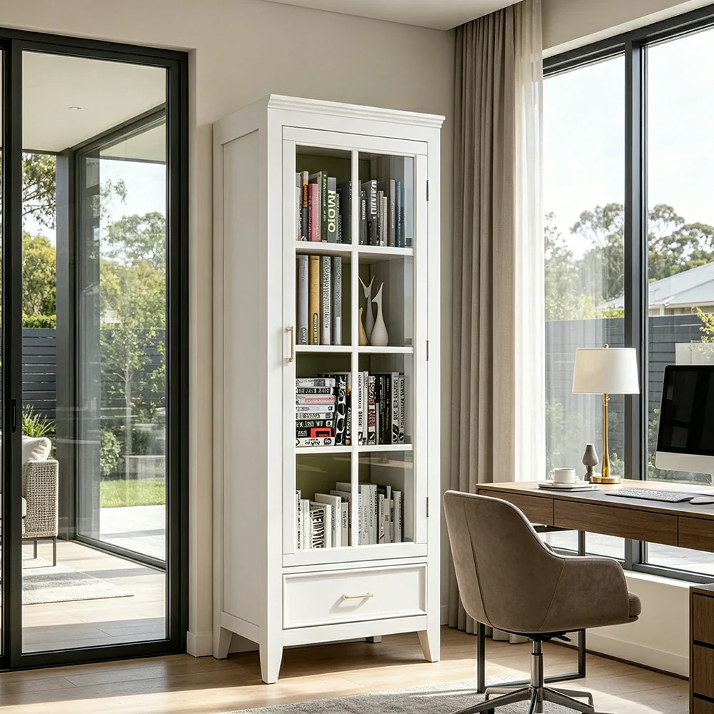 LUXORA Solid Wood Single Door Display Cabinet with Glass Storage American Style Bookcase 60cm - White - Image 4