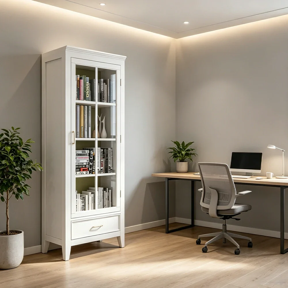 LUXORA Solid Wood Single Door Display Cabinet with Glass Storage American Style Bookcase 60cm - White - Image 6