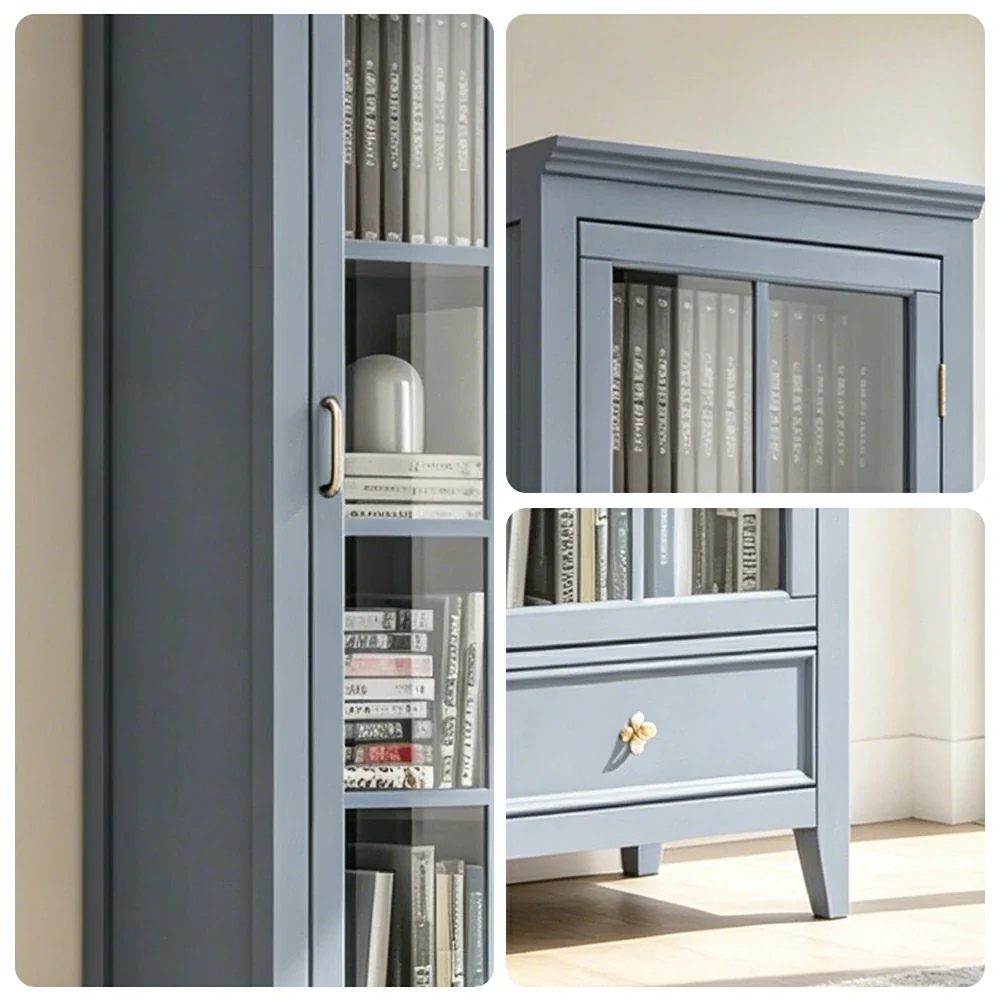 LUXORA Solid Wood Single Door Display Cabinet with Glass Storage American Style Bookcase 60cm - Blue - Image 3