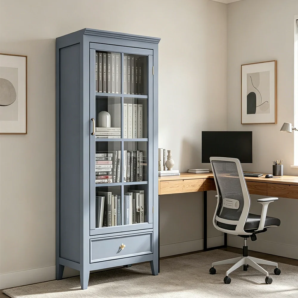 LUXORA Solid Wood Single Door Display Cabinet with Glass Storage American Style Bookcase 60cm - Blue - Image 5