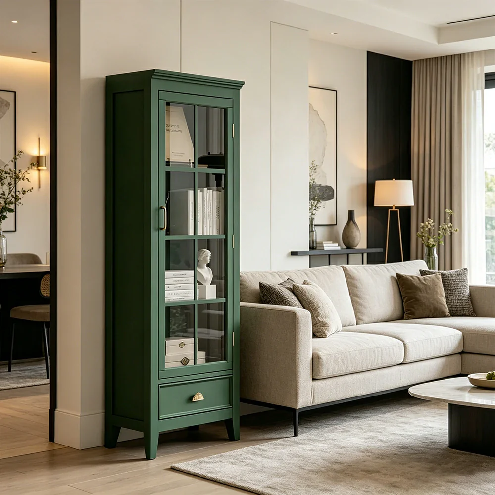 LUXORA Solid Wood Single Door Display Cabinet with Glass Storage American Style Bookcase 60cm - Green - Image 2