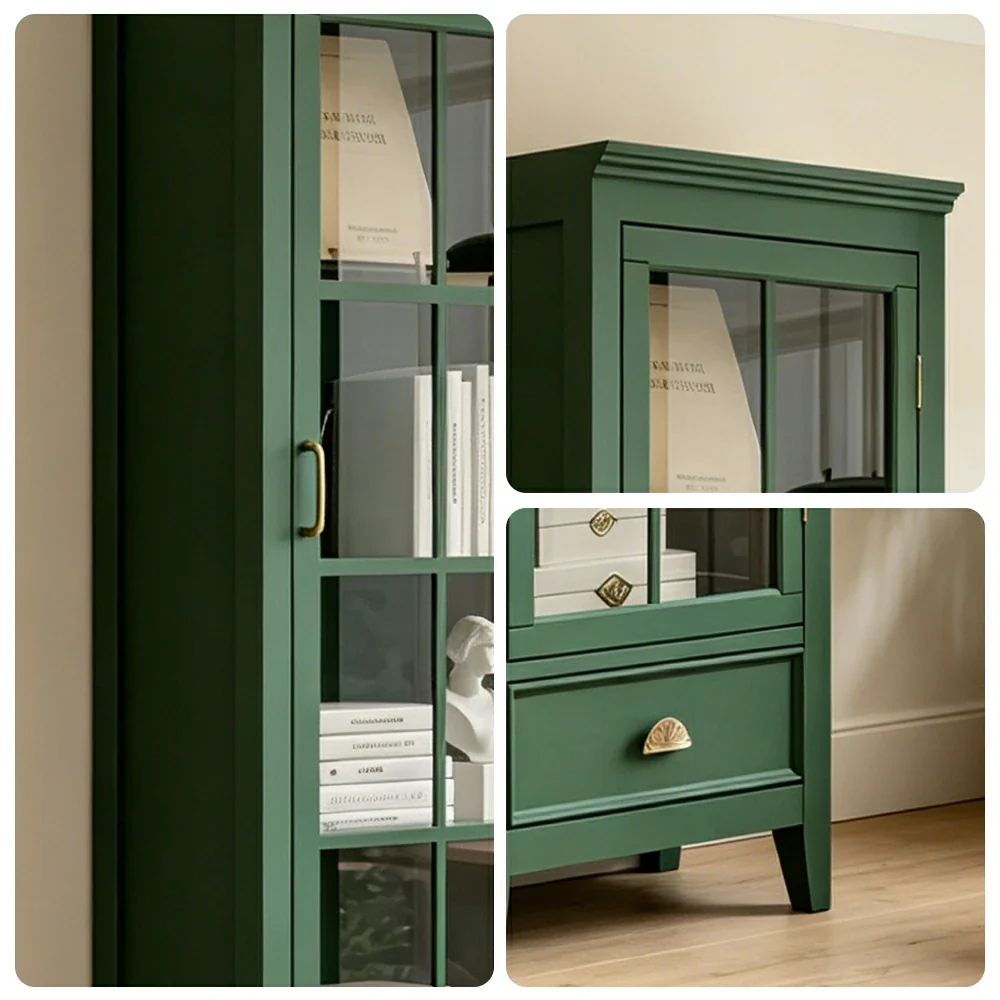 LUXORA Solid Wood Single Door Display Cabinet with Glass Storage American Style Bookcase 60cm - Green - Image 3