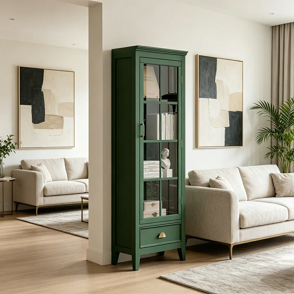 LUXORA Solid Wood Single Door Display Cabinet with Glass Storage American Style Bookcase 60cm - Green - Image 4