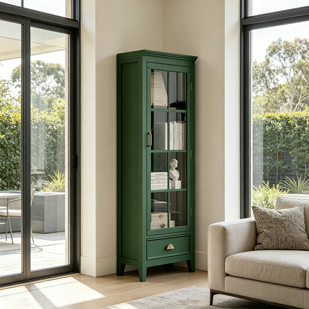 LUXORA Solid Wood Single Door Display Cabinet with Glass Storage American Style Bookcase 60cm - Green - Image 5