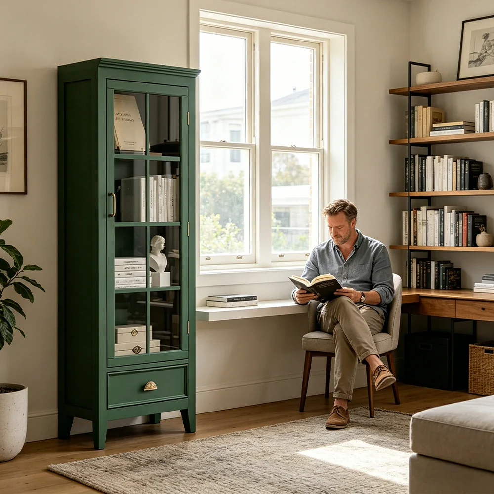 LUXORA Solid Wood Single Door Display Cabinet with Glass Storage American Style Bookcase 60cm - Green - Image 7