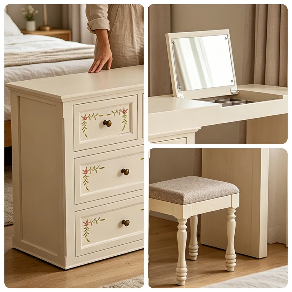 LUXORA Solid Wood Vanity Table Set with 7 Drawer Storage Cabinet Makeup Desk & Stool 120cm - Beige - Image 3