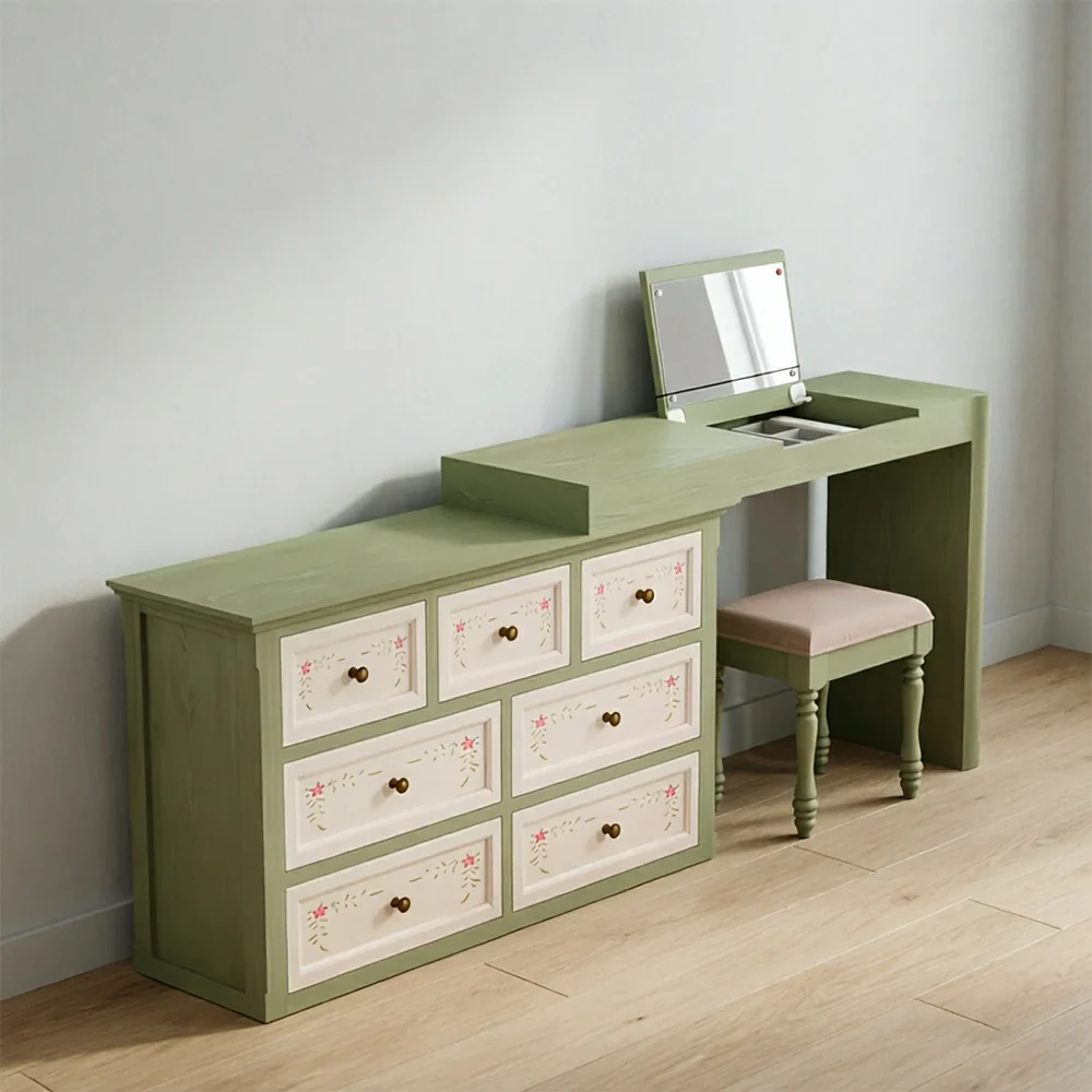 LUXORA Solid Wood Vanity Table Set with 7 Drawer Storage Cabinet Makeup Desk & Stool 120cm - Green - Image 6