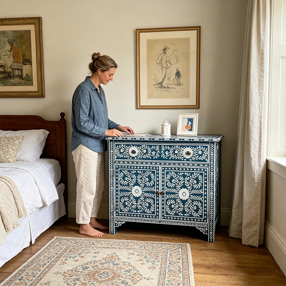 LUXORA Solid Wood Shoe Cabinet with Hand Painted Vintage Storage American Style Entryway Cabinet 96.5cm - Blue - Image 7