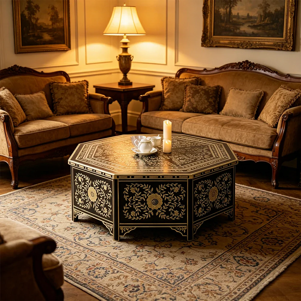 LUXORA Solid Wood Vintage Coffee Table Hand Painted Floral Accent Tea Table for Living Room 101cm - Black - Image 5