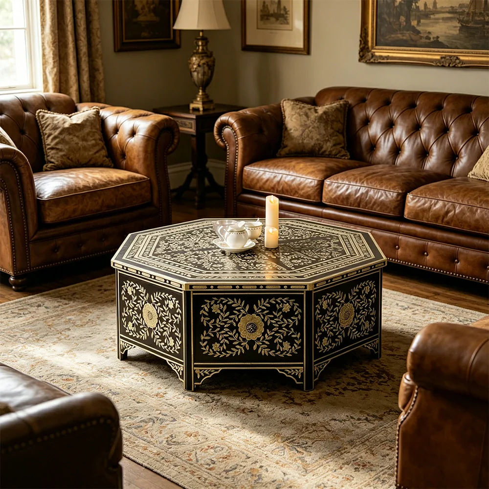 LUXORA Solid Wood Vintage Coffee Table Hand Painted Floral Accent Tea Table for Living Room 101cm - Black - Image 6