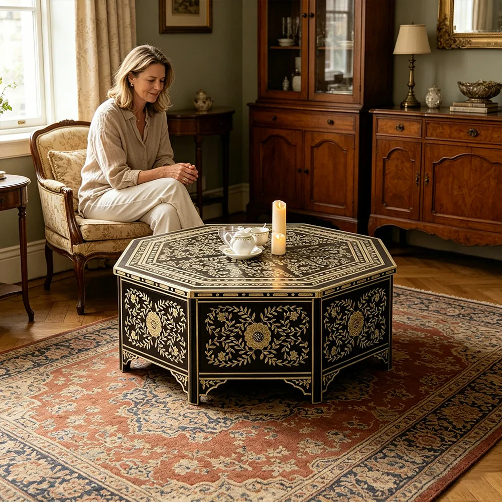 LUXORA Solid Wood Vintage Coffee Table Hand Painted Floral Accent Tea Table for Living Room 101cm - Black - Image 7