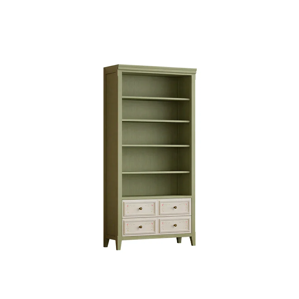 LUXORA Solid Wood Open Bookcase with Hand Painted Drawers Vintage Storage Cabinet 80/100cm - Moss Green