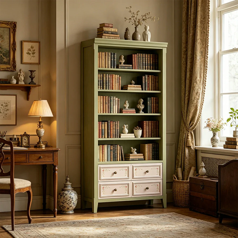 LUXORA Solid Wood Open Bookcase with Hand Painted Drawers Vintage Storage Cabinet 80/100cm - Moss Green - Image 5