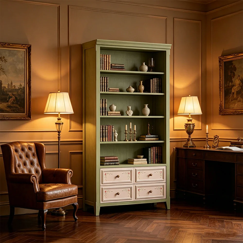 LUXORA Solid Wood Open Bookcase with Hand Painted Drawers Vintage Storage Cabinet 80/100cm - Moss Green - Image 6