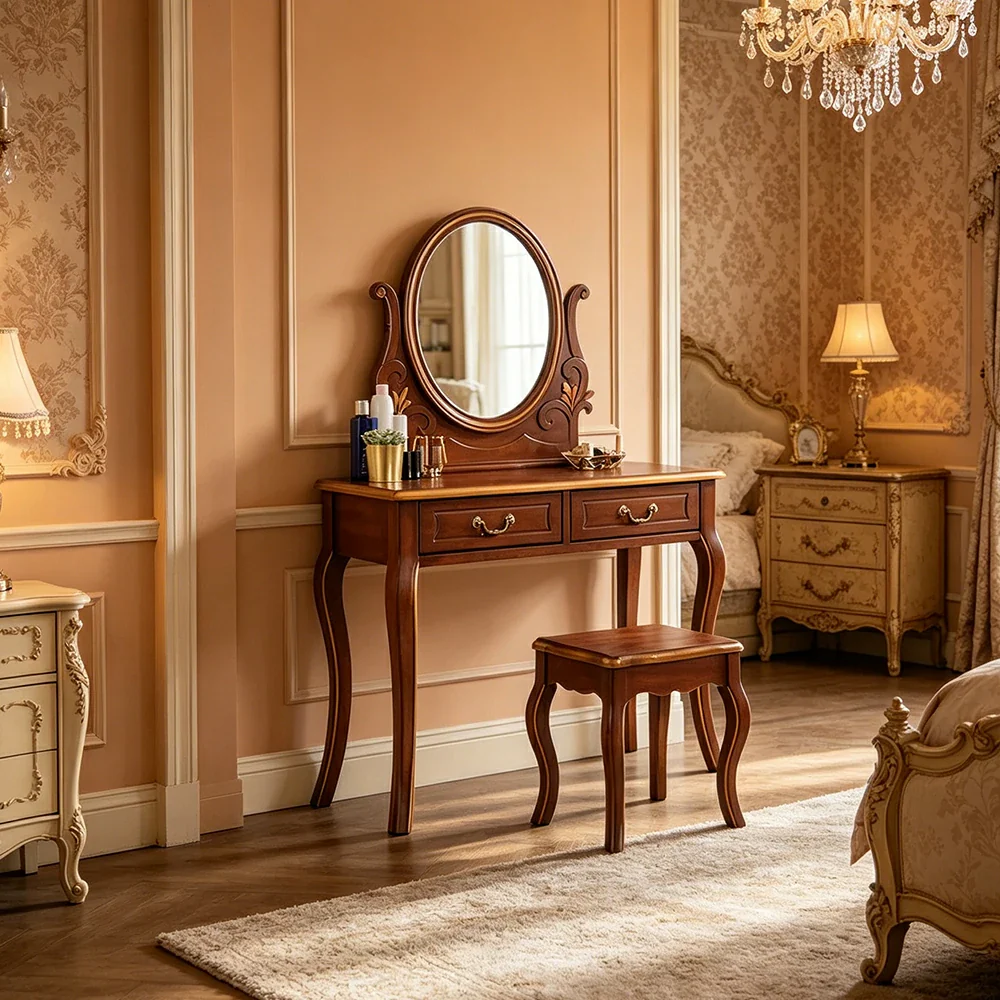 LUXORA Solid Wood Vanity Table Set with Adjustable Mirror and Stool French Style Makeup Desk 100cm - Brown - Image 2