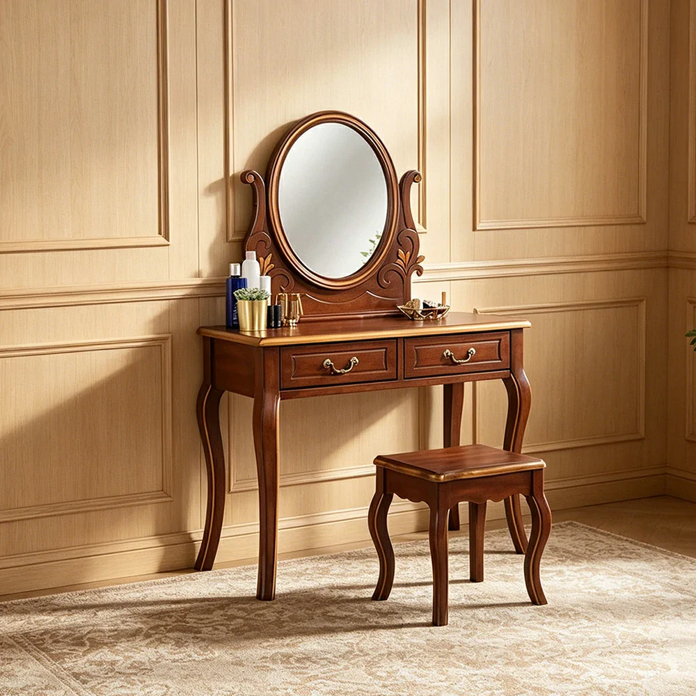 LUXORA Solid Wood Vanity Table Set with Adjustable Mirror and Stool French Style Makeup Desk 100cm - Brown - Image 5