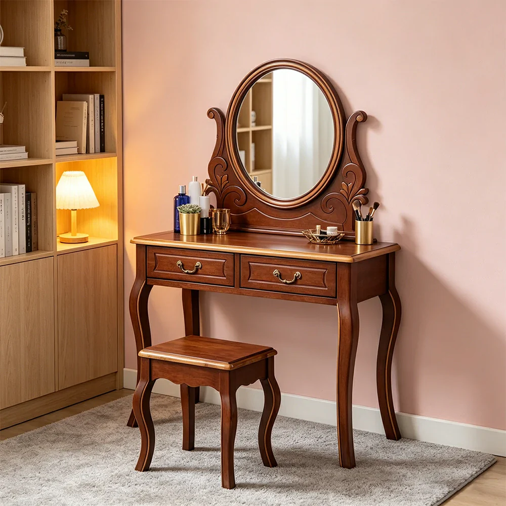LUXORA Solid Wood Vanity Table Set with Adjustable Mirror and Stool French Style Makeup Desk 100cm - Brown - Image 6