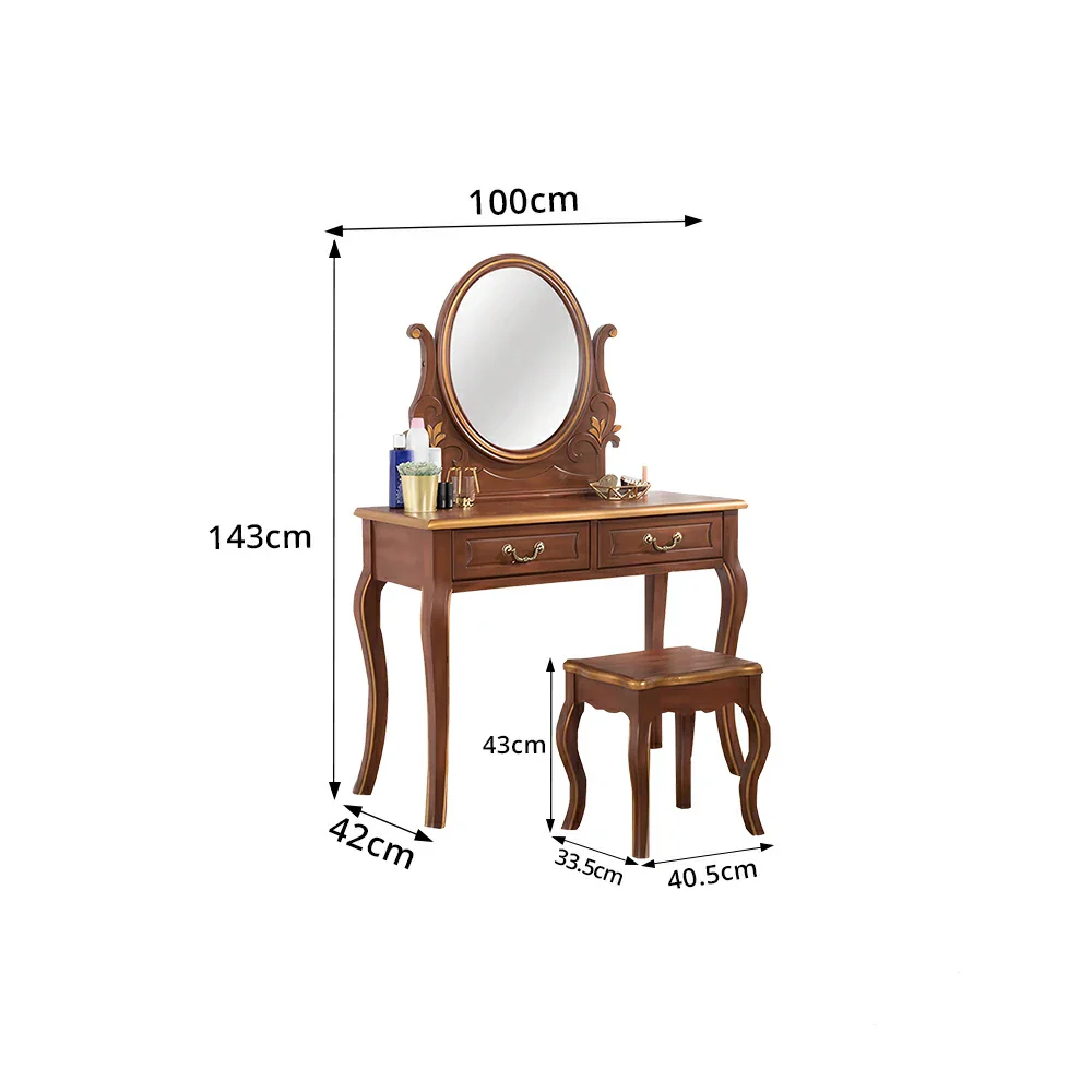 LUXORA Solid Wood Vanity Table Set with Adjustable Mirror and Stool French Style Makeup Desk 100cm - Brown - Image 8