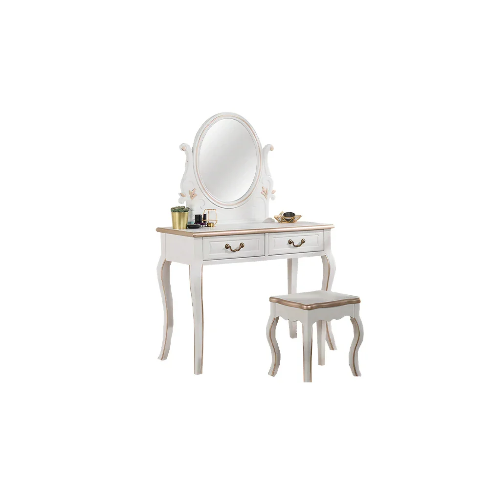 LUXORA Solid Wood Vanity Table Set with Adjustable Mirror and Stool French Style Makeup Desk 100cm - White