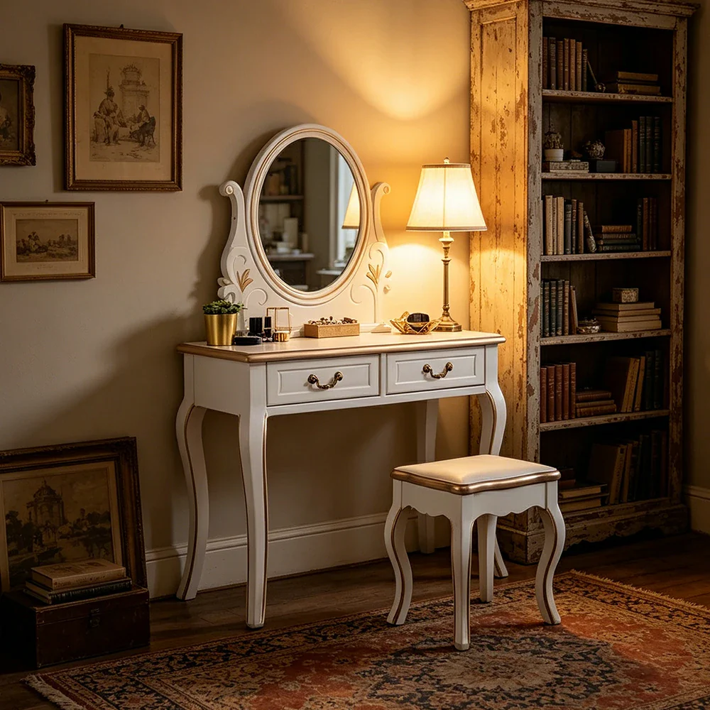 LUXORA Solid Wood Vanity Table Set with Adjustable Mirror and Stool French Style Makeup Desk 100cm - White - Image 5