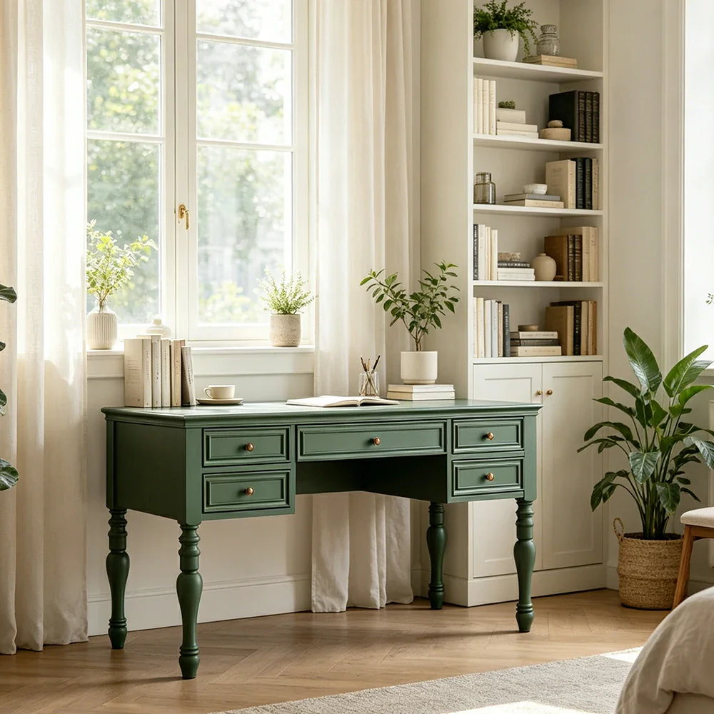 LUXORA Solid Wood Study Desk with 5 Drawers Vintage Home Office Writing Table 120/140cm - Dark Green - Image 2