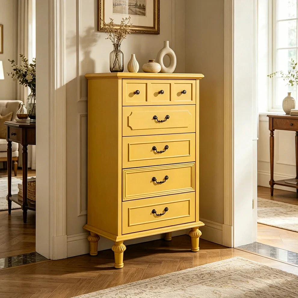 LUXORA Solid Wood Tallboy Chest of Drawers Vintage Storage Cabinet for Bedroom 60cm - Yellow - Image 2