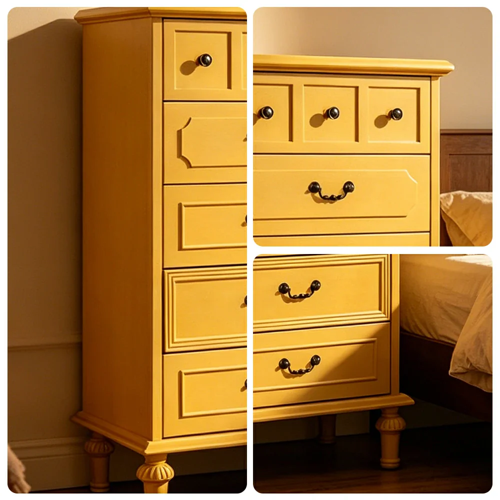 LUXORA Solid Wood Tallboy Chest of Drawers Vintage Storage Cabinet for Bedroom 60cm - Yellow - Image 3