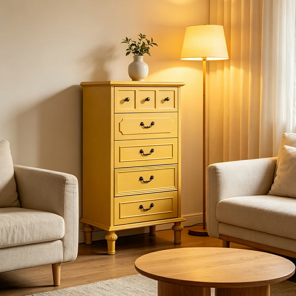 LUXORA Solid Wood Tallboy Chest of Drawers Vintage Storage Cabinet for Bedroom 60cm - Yellow - Image 4