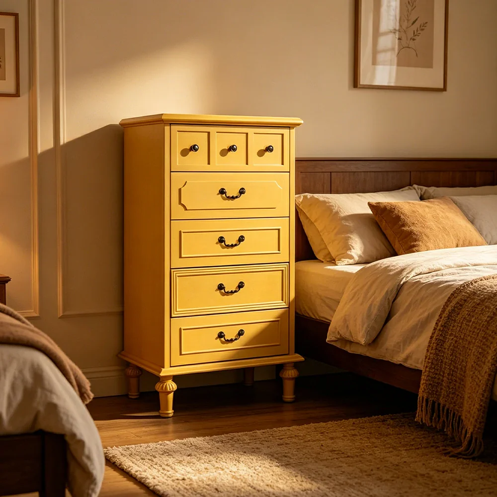 LUXORA Solid Wood Tallboy Chest of Drawers Vintage Storage Cabinet for Bedroom 60cm - Yellow - Image 5